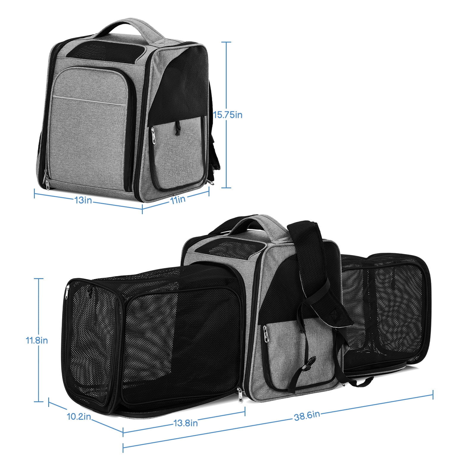 Expandable Pet Carrier Backpack for Cats & Small Dogs, Airline Approved Soft-Sided Travel Carrier with Front & Back Extension, Breathable Mesh, Escape-Proof Leash, Holds up to 26 lbs, Gray