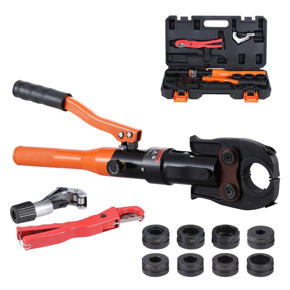 KFFKFF Copper Pipe Connector Hydraulic Crimper, Press Pliers & ProPress Jaws Sizes 1/2", 3/4", 1", ASTM F1807 Pex 3/8", 1/2", 5/8", 3/4", 1", 360° Swivel Press Kit with Tube Cutter