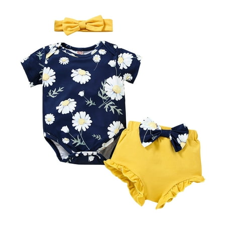 

Baby Girls Floral Printed Romper Bodysuit Bowknot Shorts Outfits Streetwear Outfits For 3-6 Months