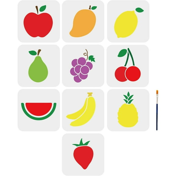 10pcs Fruits Stencils 6×6inch Mango Lemon Pear Grape Cherry Watermelon Banana Pineapple Strawberry Painting Template with Paint Brush DIY Art Craft Wall Home Decor Mixed Color