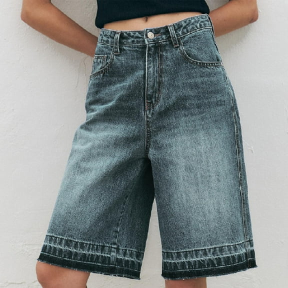 Karight Bermuda Jorts Baggy Jean Shorts - Casual Loose Fit Wide Leg Knee Length Denim Shorts with Elastic Waist