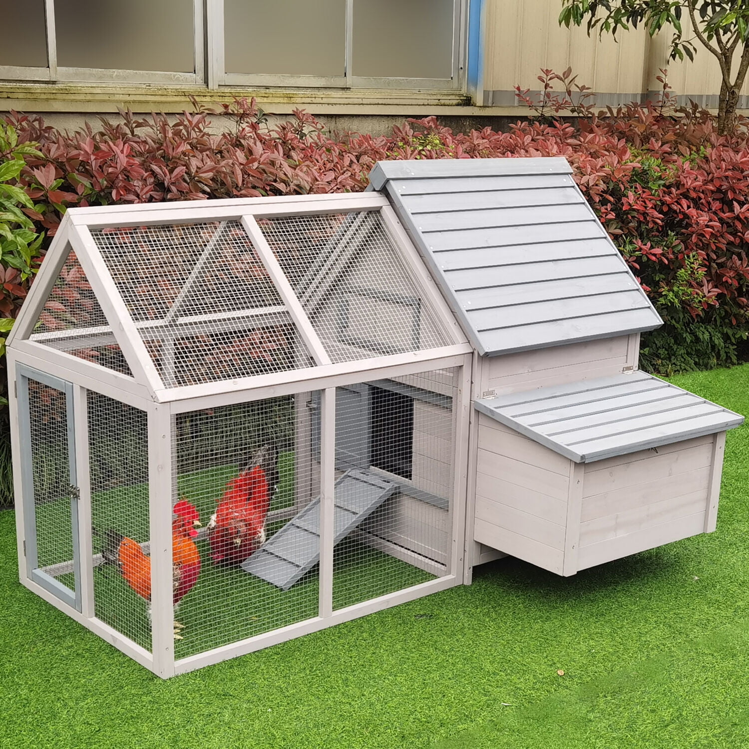 Hanover Outdoor Wooden Chicken Coop with Ramp, Large Wire Mesh Run, Waterproof Roof, Removable Tray- HANCC0106-GRY