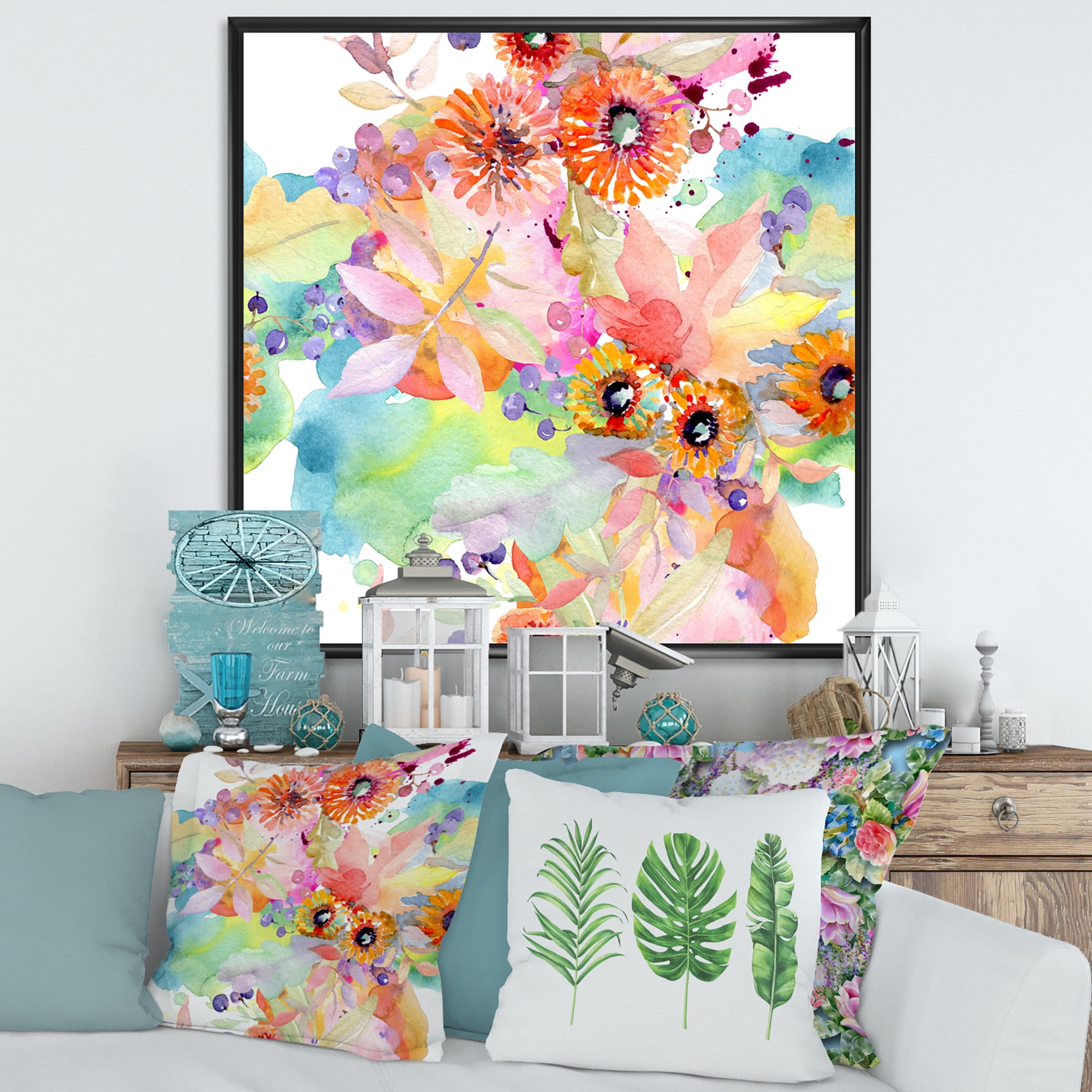 Designart 'Wildflowers and Vibrant Wild Spring Leaves I' Traditional Framed Canvas Wall Art Print