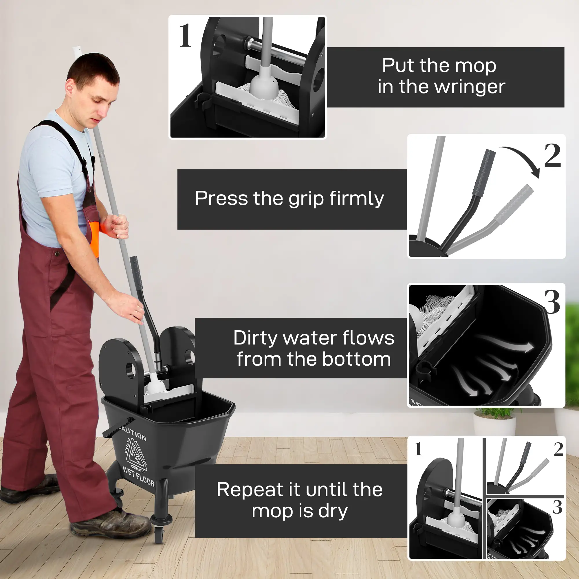 Mop Bucket with Wringer on Wheels for Floor Cleaning, 27.5 Quart Down Press Wringer with Handle & Mop – Black