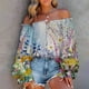 thumbnail image 2 of Top de manga larga con lazo de manga farol elegante con estampado de un hombro para mujer de primavera y otoño Pompotops FGAJ20188, 2 of 5