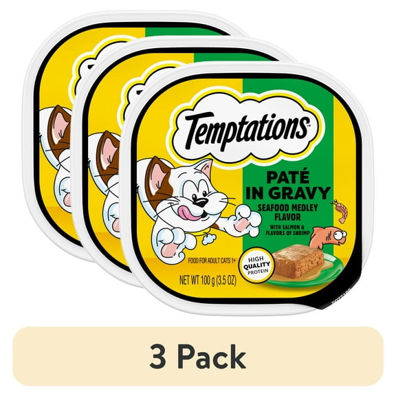 (3 pack) Temptations Seafood Medley Flavor Paté In Gravy Wet Cat Food, 3.5 Oz Tray