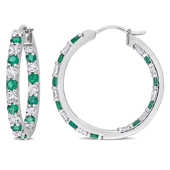 Everly Women's Created Emerald and Created White Sapphire Silver Inside-Outside Hoop Earrings