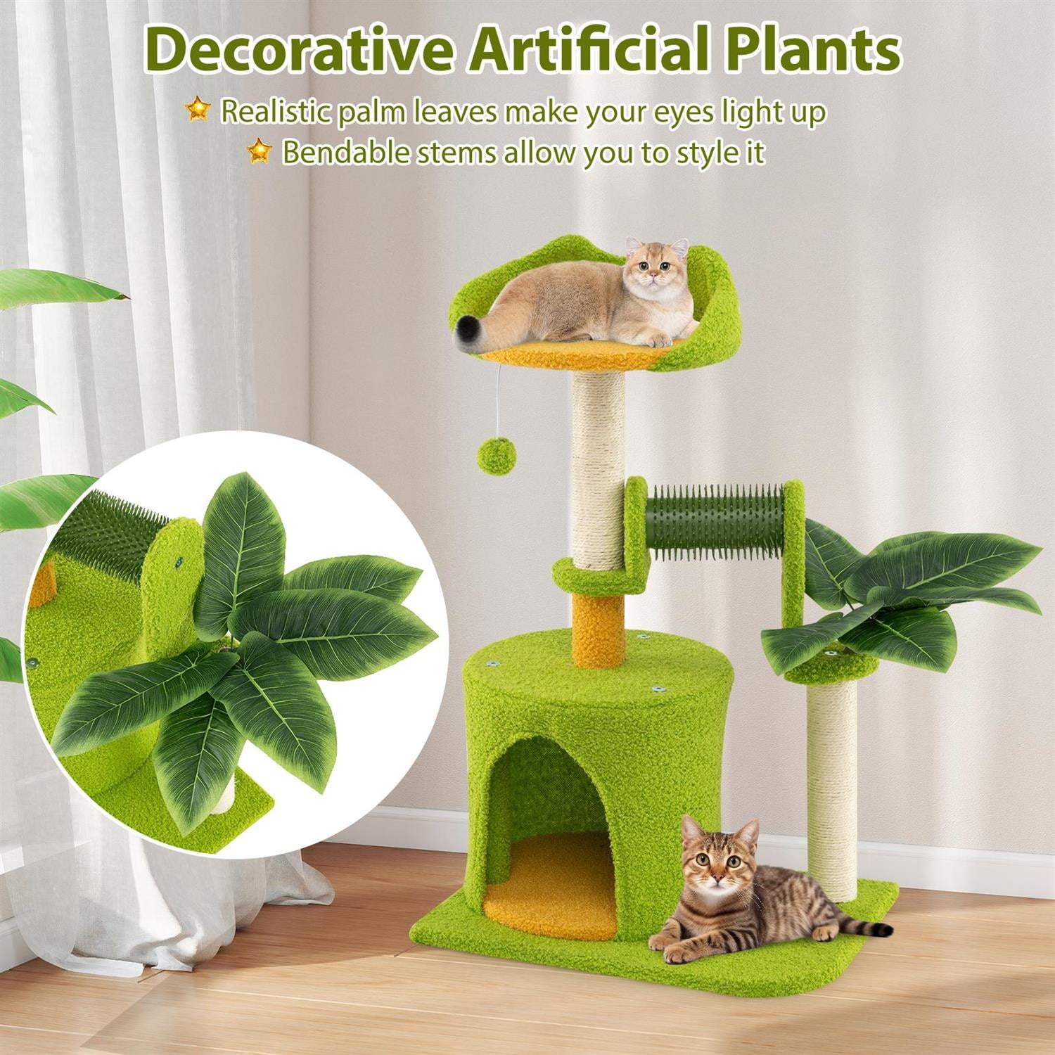 Pefilos Cute Palm Cat Tree for Indoor Cats, Artificial Leaves & Sisal Scratching Posts, Ear-shaped Perch, Green