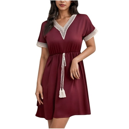 SAFUNY Women s Surplice V Neck Short Sleeve Wrap Dress Pullover Stretchy Office Date Party Dress Wine L