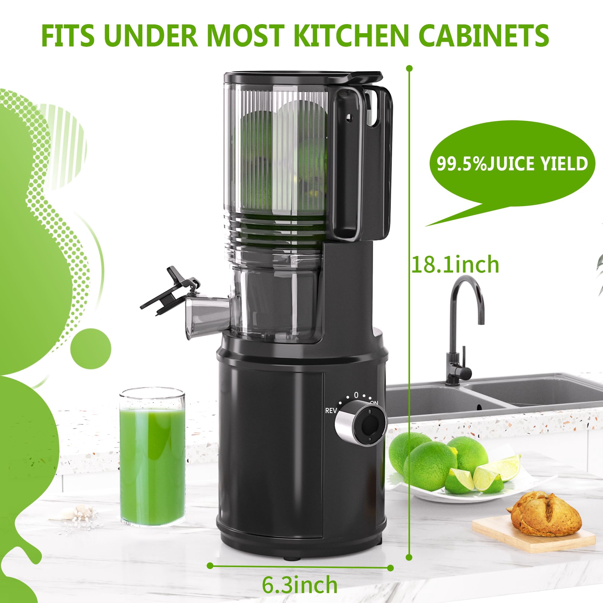 Cofiyard Cold Press Juicer Machine, Professional Slow Masticating Juicer, 6.5" Extra Wide Feed Chute, 351W Powerful AC Brushless Motor, for Whole Fruit and Vegetables, Silver