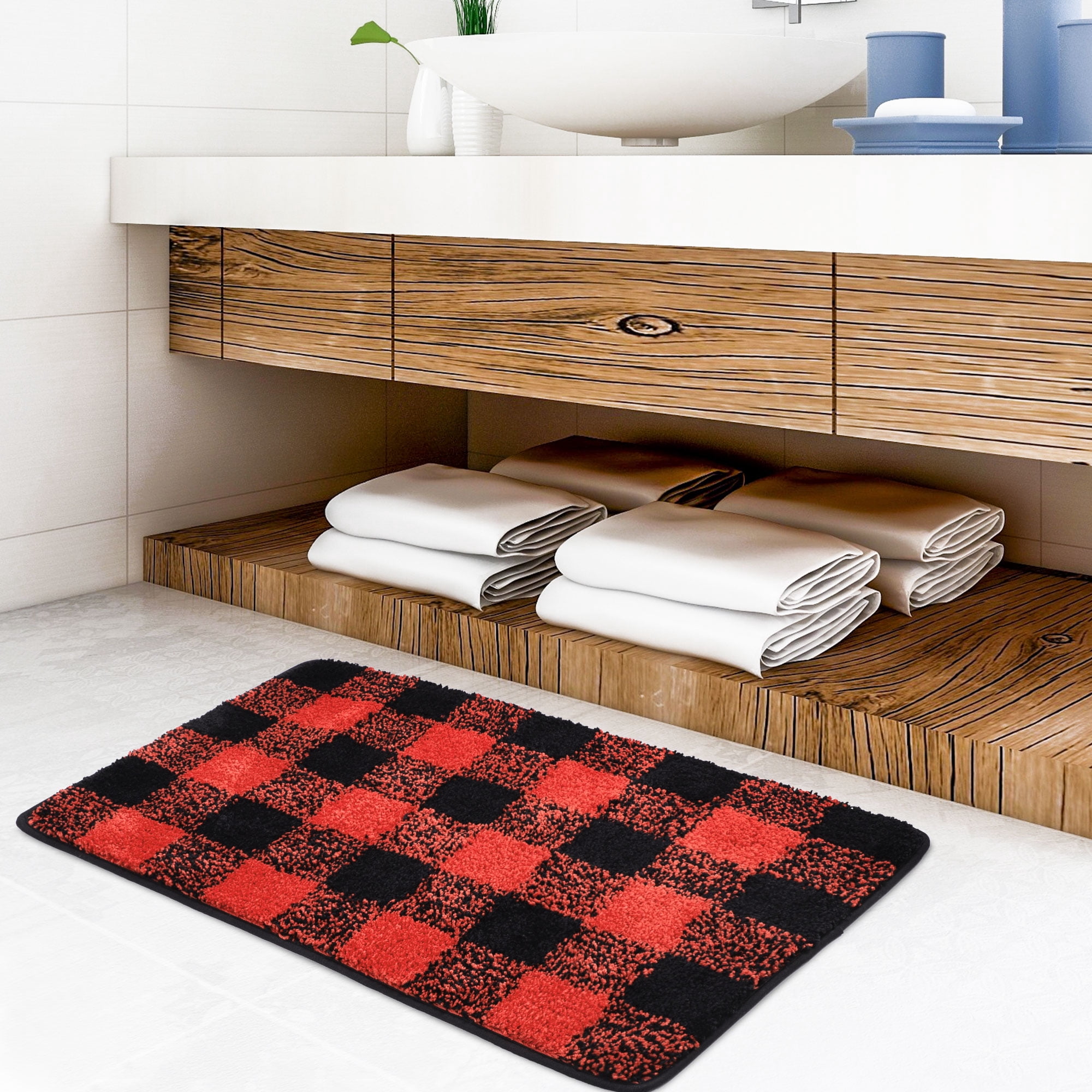 Unique Bargains Soft Microfiber Plaid Bathroom Rugs Black & Red 20"x30"