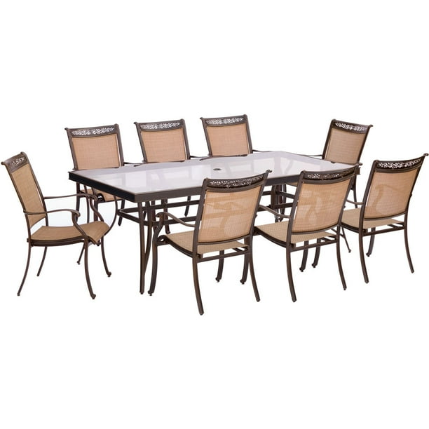 Hanover Fontana 9 Piece Outdoor Dining Set With Glass Top Table Com Hanover Fontana 9 Piece Outdoor Dining, Glass Top Outdoor Dining Table And Chairs
