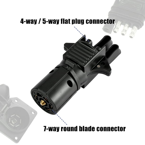 2-in-1 Trailer Plug Adapter - Converts 7 Pin Round To 4 Pin & 5 Pin Flat Blade (6-24V, Black)