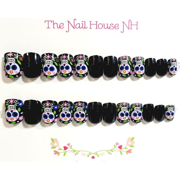 Day of the Dead Sugar Skull No. 2 Glossy Extra Short Square Press On Nails - 24 Pieces - Artificial Nail Kit - Halloween Nails