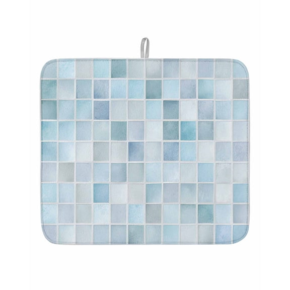 Light Blue Gray Color Block Dish Drying Mats for Kitchen Counter,Absorbent Microfiber Dish Drainer Rack Mat Summer Ocean Watercolor Square Drying Pad for Sinks,Utensils,Countertops,16x18in