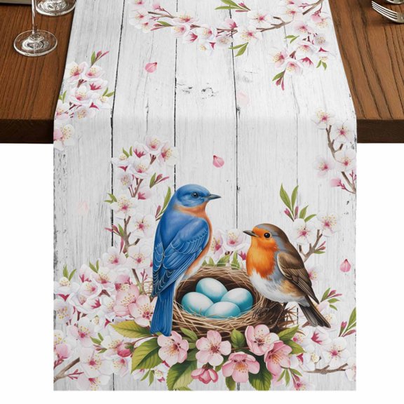 Table Runners 120 Inches Long Dress Scarves, Birds Floral Farmhouse Coffee/Dining/Kitchen Table Runner for Living Room, Farmhouse Country Pink Flower Leaf Wood Grain 13x120 Inch