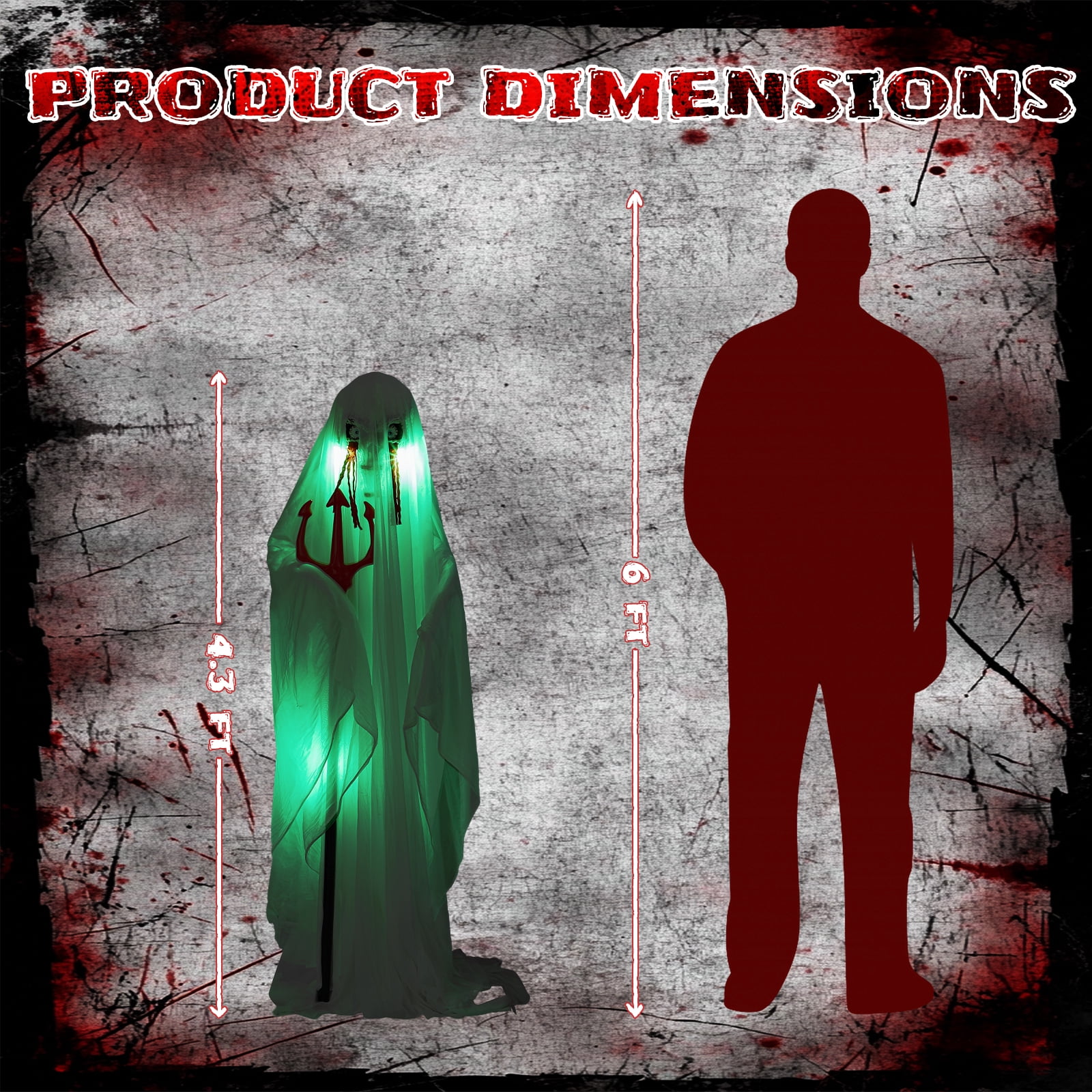 Astoutdoor Halloween Animatronic Ghost with Trident, Sound-Activated, Green Lights, 4.3 ft, Green