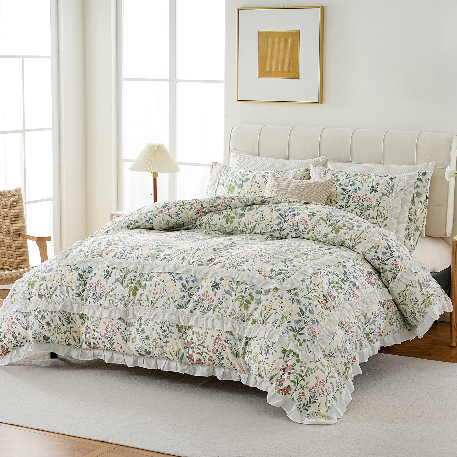 White Ruffle Duvet Cover Set 100% Cotton Green Floral Duvet Cover 3 Pcs Aesthetic Comforter Cover for All Seasons Soft Breathable Bedding Set with Zipper Closure