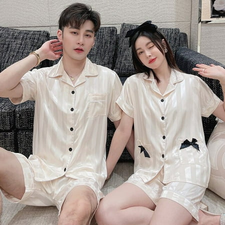 

PIKADINGNIS Women Pajamas Summer Short Sleeve Satin Pajamas Sets Couple Sleepwear Family Pijama Lover Night Men & Women Casual Men Pyjamas