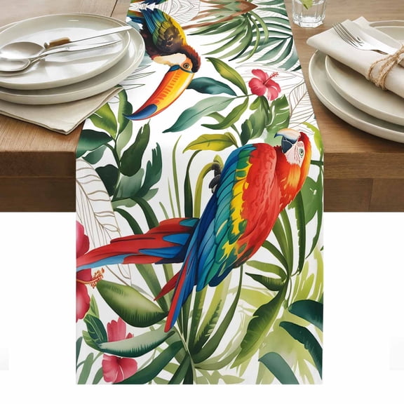 Tropical Parrots Table Runner Summer Watercolor Flower Green Palm Leaves Tablerunners 13 x 36 Inch, Table Decorations Tabletop Scarf for Summer Gathering Holiday Farmhouse Kitchen Dining Decor