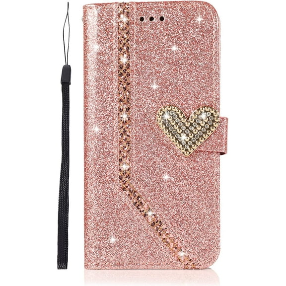 Compatible with iPhone 13 Glitter Wallet Case for Women Girls Luxury Bling Diamond Rhinestone Heart 2 Card Holder Wrist Strap PU Leather Slots Protective Cover 6.1 inch Gold, (QL3290-i13-2)