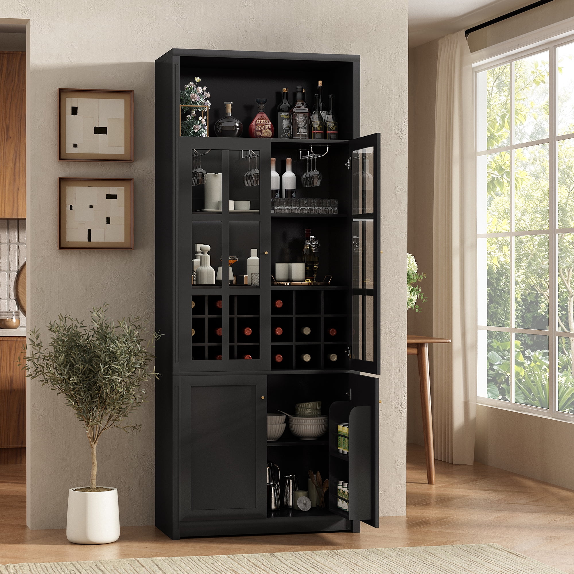 Euroco 78.7" Tall Modern Wine Bar Cabinet with Glass Doors,Coffee Bar Cabinet with 18 Wine Racks, Stemware Rack,Door Storage Shelves & Adjustable Shelves for Kitchen Dining Room,Black
