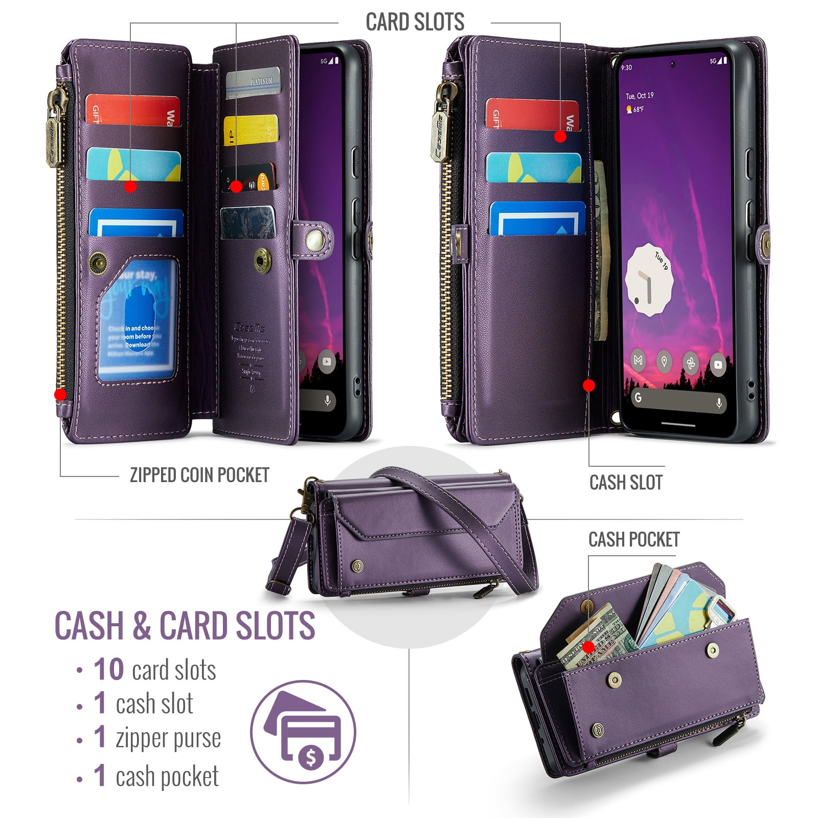 for Google Pixel 10 / 10 Pro Full Body Protection Wallet Folio Flip Case, Shoulder Strap & Wristlet Card Slots Zipper Pocket RFID Blocking Rugged Durable PU Leather Phone Case Cover, Purple