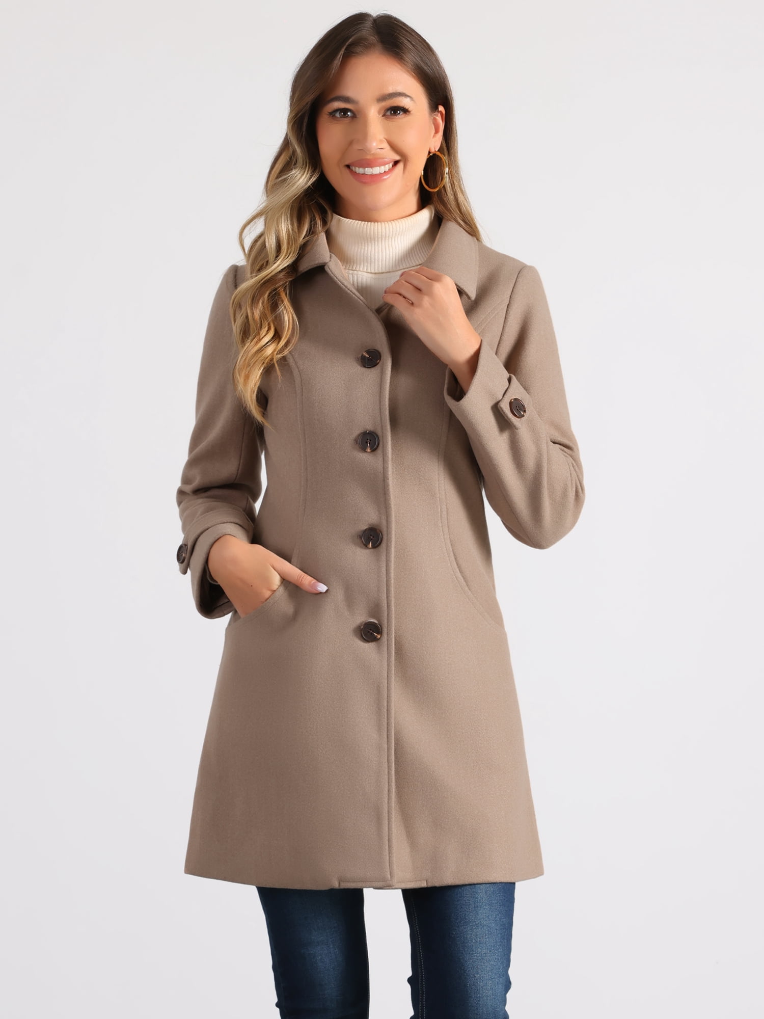 DARING DIVA Women's Peter Pan Collar Winter Outwear Trench Pea Coats Taupe khaki M