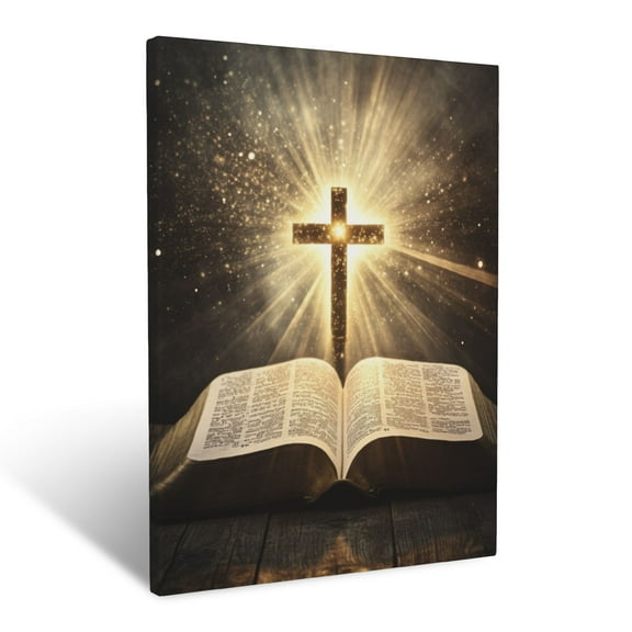 CozyNet A Bible Open With A Glowing Cross & Rays Of Heavenly Light Wall Art Prints With Frame Canvas Perfect for Living Room & Bedroom, Ready to Hang, Wall Decor 12"x16"