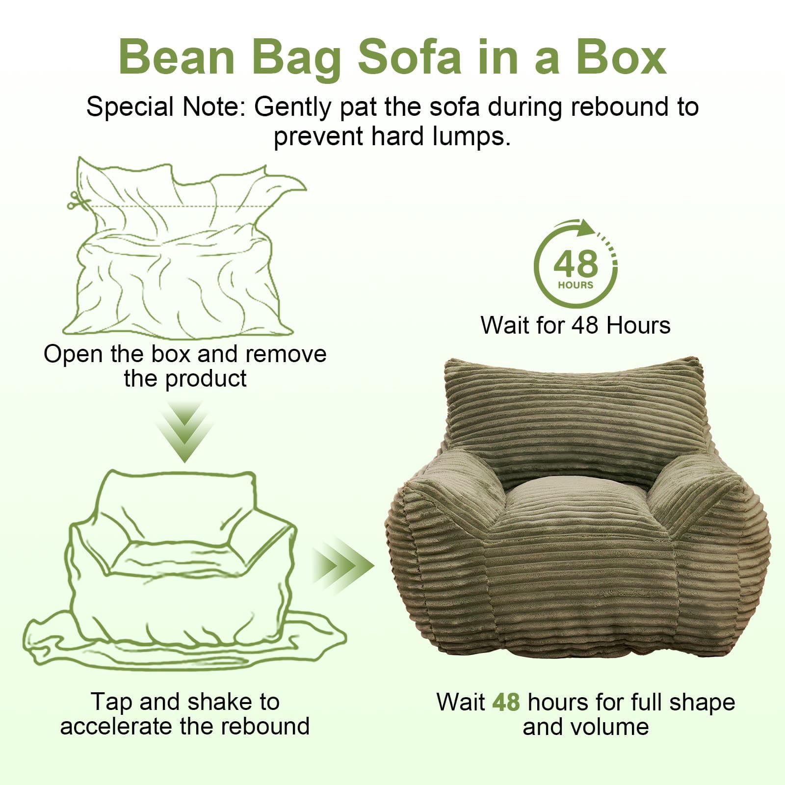 Peispie Giant Bean Bag Chair for Adults, Wide Seat Comfy Corduroy Floor Sofa with Armrests, Shredded Memory Foam Lazy Lounger, Oversized Gaming & Reading Chair for Bedroom 400LBS, Green