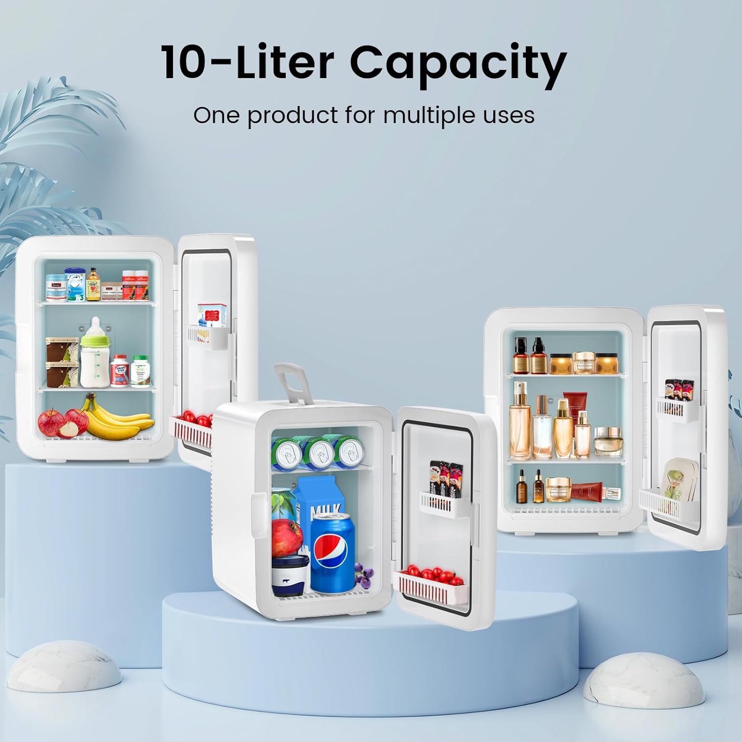 WAA Portable 2.6 Gal Mini Fridge with AC/DC Adapters 10 Liter Cosmetics Cooler for Beverage Food Skincare,White (Bedroom/Office/Car)