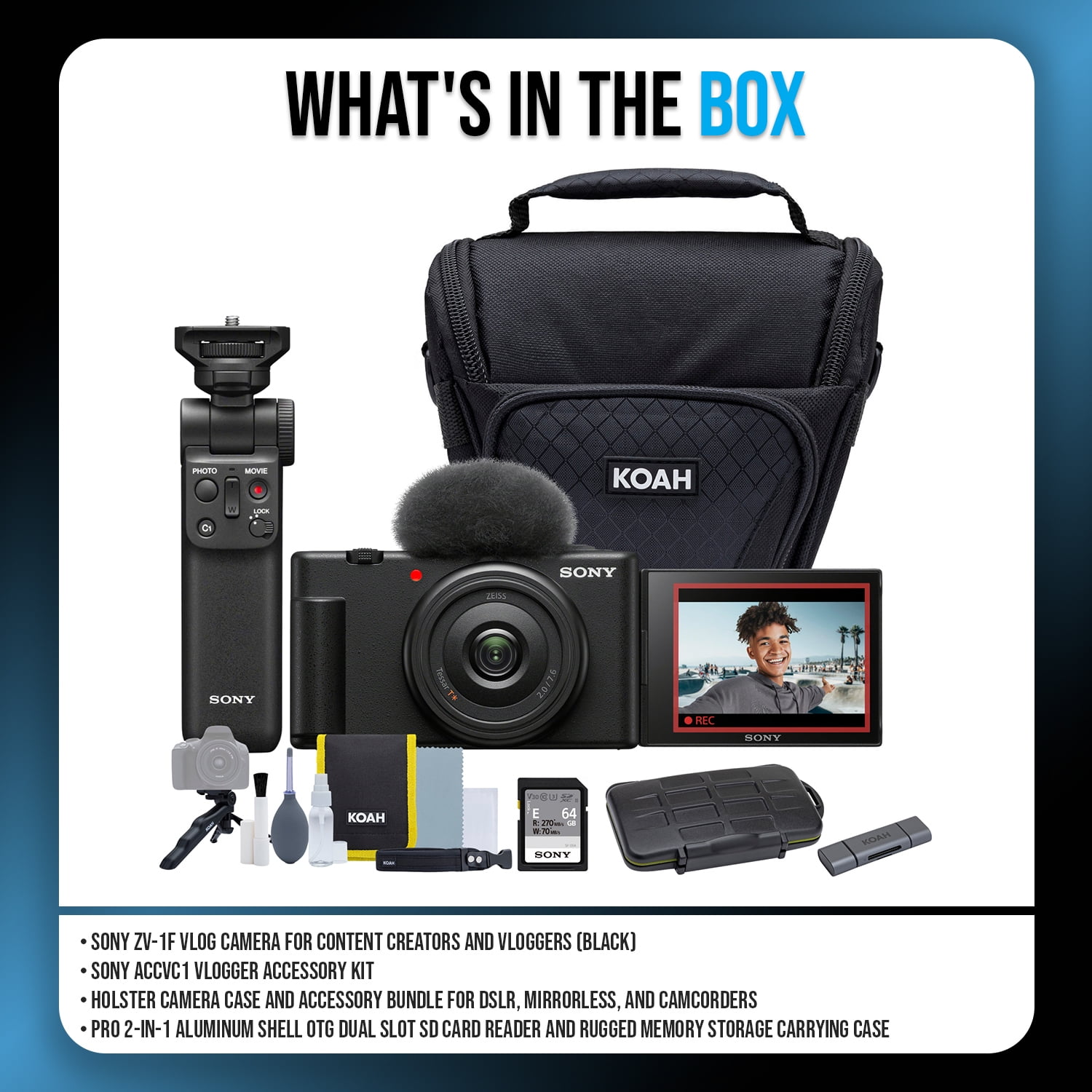 Sony ZV-1F Vlog Camera for Content Creators and Vloggers (Black) Bundle with ACCVC1 Vlogger Accessory Kit, Holster Camera Case, and Aluminum Shell OTG Dual Slot SD Card Reader (4 Items)