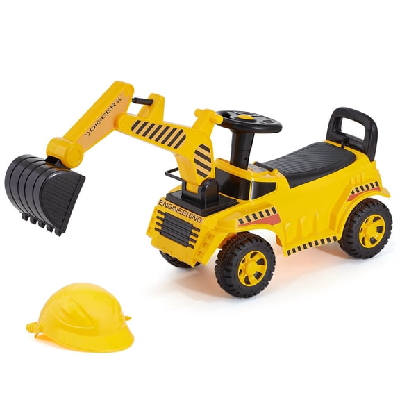 Ride On Excavator Toy Car for Toddlers 19 to 36 Months with Helmet Music and 55 lbs Load Capacity Yellow Foot to Floor Walker