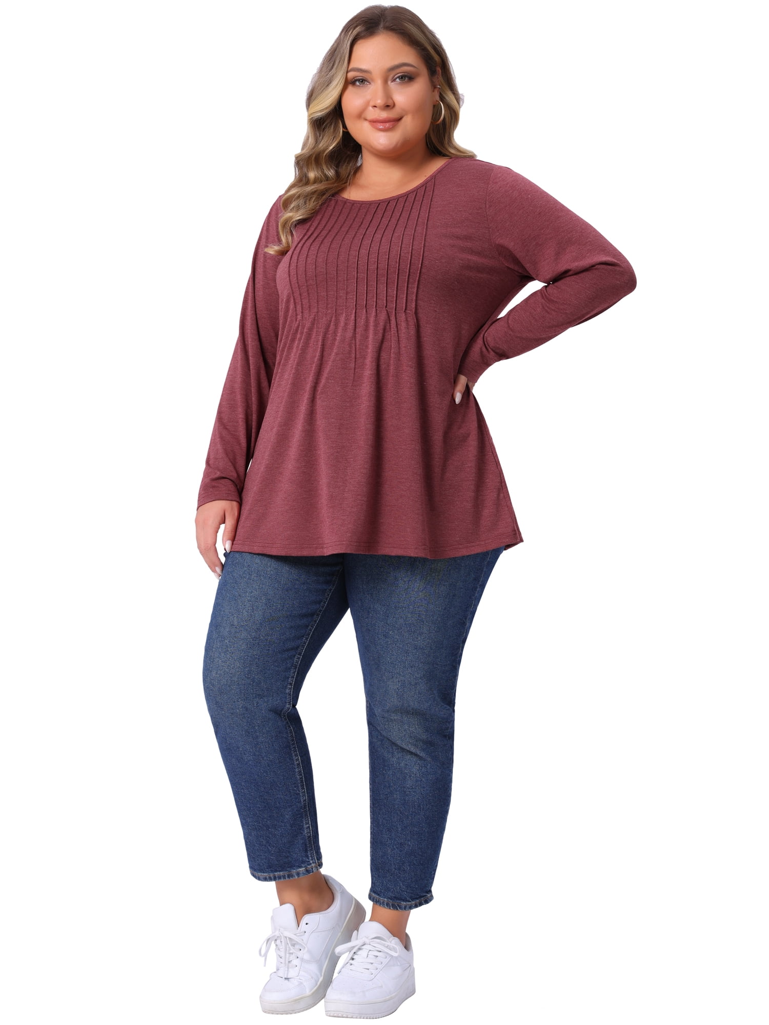 DARING DIVA Women's Plus Pleated Blouses Crew Neck Soft T-Shirt 3X Burgundy