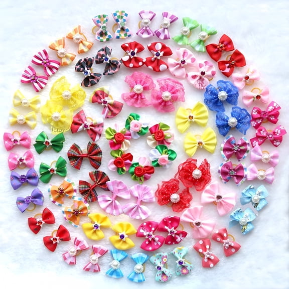 GASTROPOD 50 Pcs Dog Hair Bows with Rubber Bands, Rhinestone Pearl Pet Bowknots for Small Dogs, Puppy Grooming Accessories