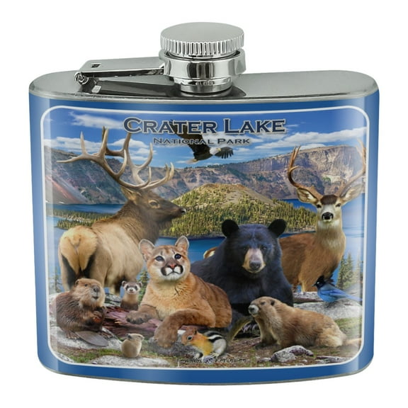 Crater Lake National Park Oregon Animals Elk Deer Beaver Cougar Stainless Steel 5oz Hip Drink Kidney Flask