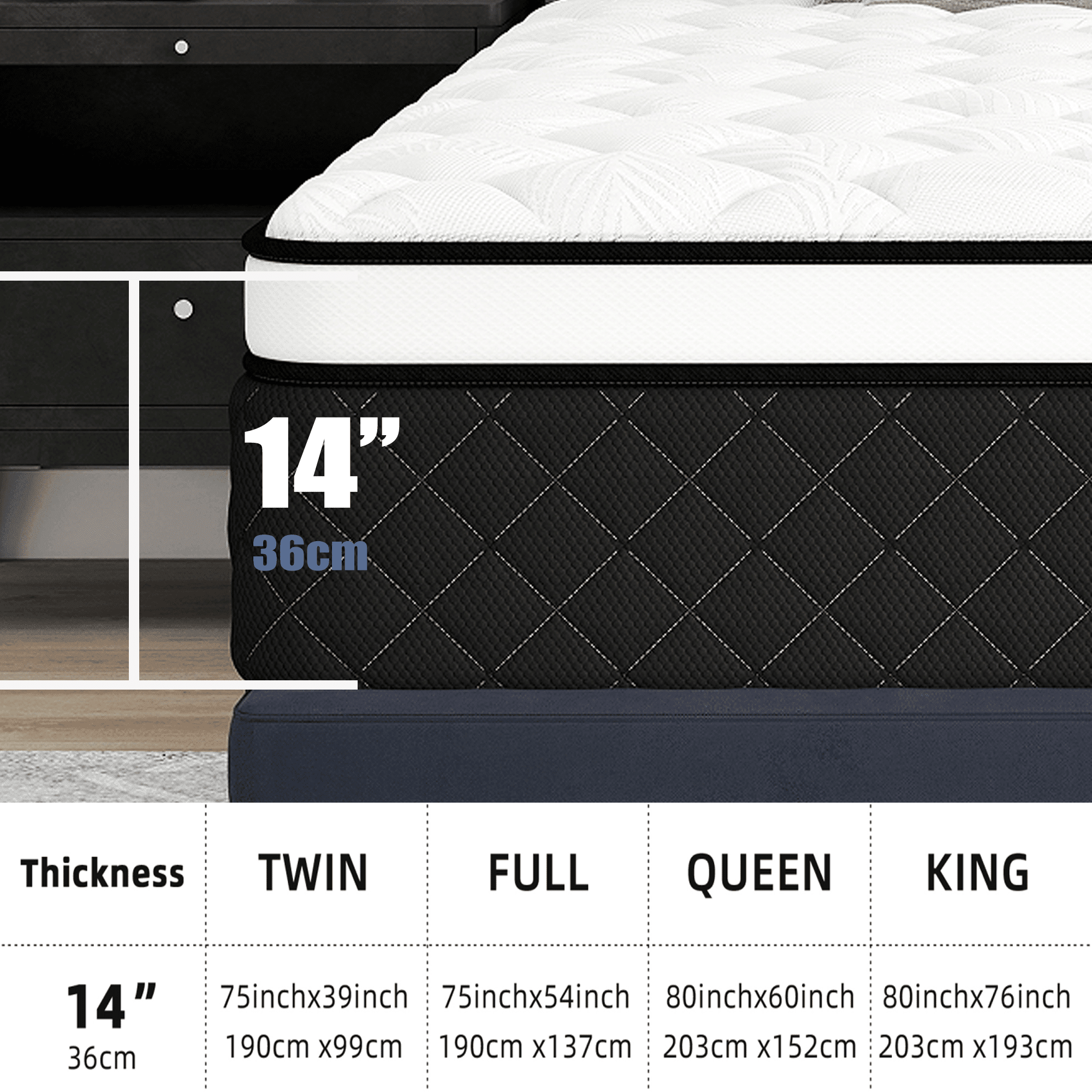 14 Inch Full Size Euro Top Hybrid Mattress, Medium Firm, Bed in a Box, Individual Pocket Springs, Back & Lumbar Support, Motion Isolation, Pressure Relief, Comfortable Sleep