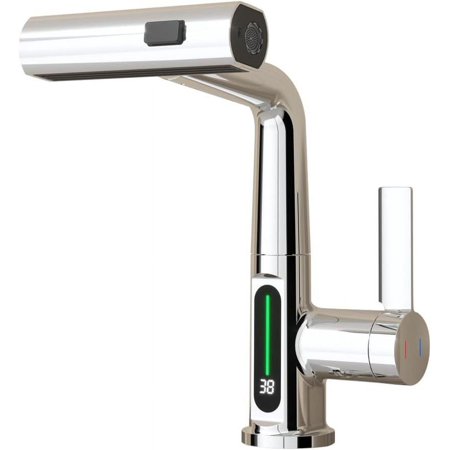 Pull-Out LED Temperature Display Bathroom Faucet Single Handle Rotatable Waterfall Basin Tap Adjustable Height - Chrome