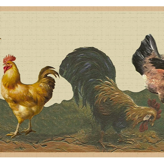 Dundee Deco Peel and Stick Self Adhesive Wallpaper Border - Country Brown, Yellow, Beige Rooster, 15 ft x 7 in