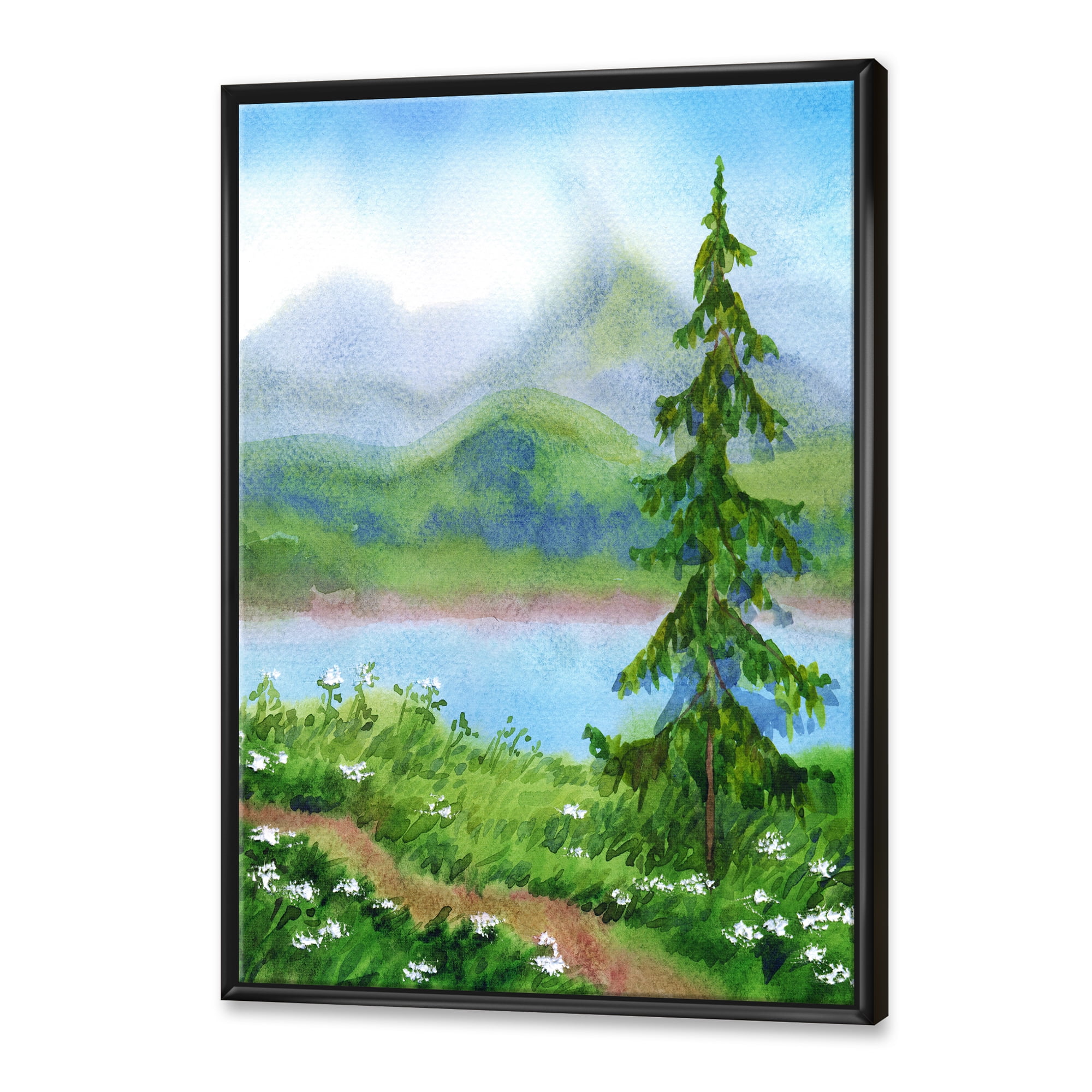 Landscape River Spruce Near The Trail On A Hill 12 in x 20 in Framed Painting Canvas Art Print, by Designart