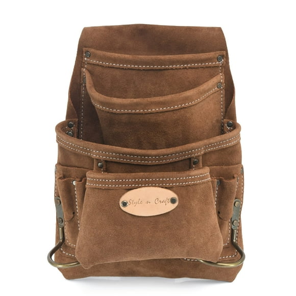 Style n Craft Pochette à Ongles et Outils de Charpentier 10 Poches, Pochette en Cuir Suédé Robuste, Beige Foncé (88923)