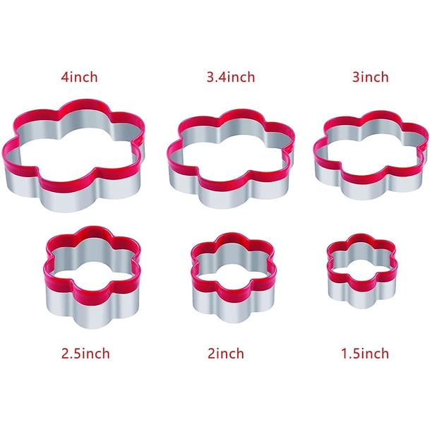 Juego de 6 piezas, cortador de galletas con forma de flor de metal hecho de acero inoxidable de grado alimenticio, parte superior roja protectora con PVC suave, seguro y saludable
