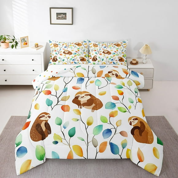 YST Cute Sloth Toddler Bedding Sets for Kids Child Hippie Floral Comforter Set, Chic Flower Bedding Comforter Sets Watercolor Leaves Duvet Insert, Woodland Wildlife Down Comforter