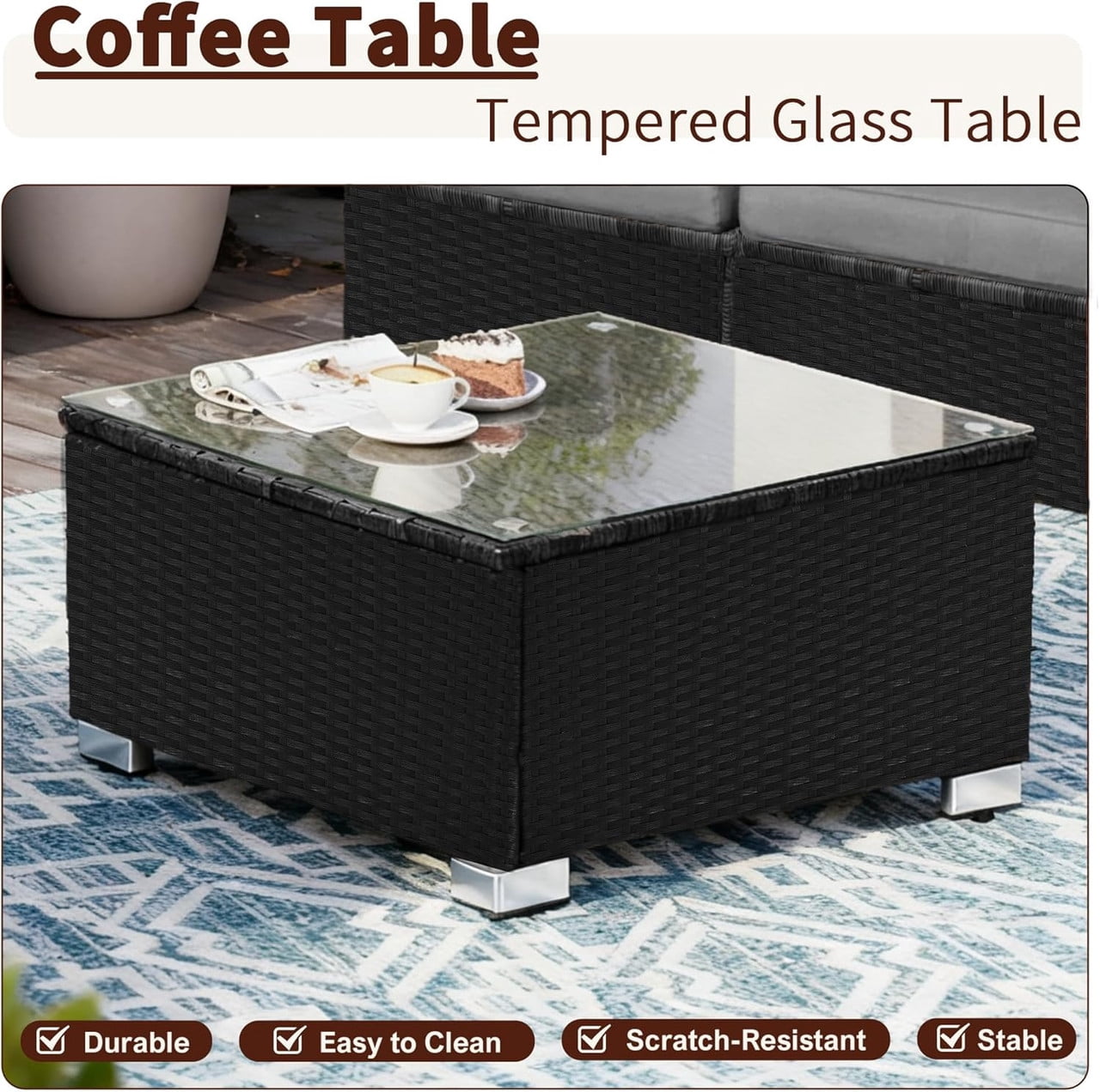 7-Piece Patio Furniture Set, Outdoor Sectional Sofa Set with Cushions and Glass-Top Coffee Table, Outdoor Conversation Set