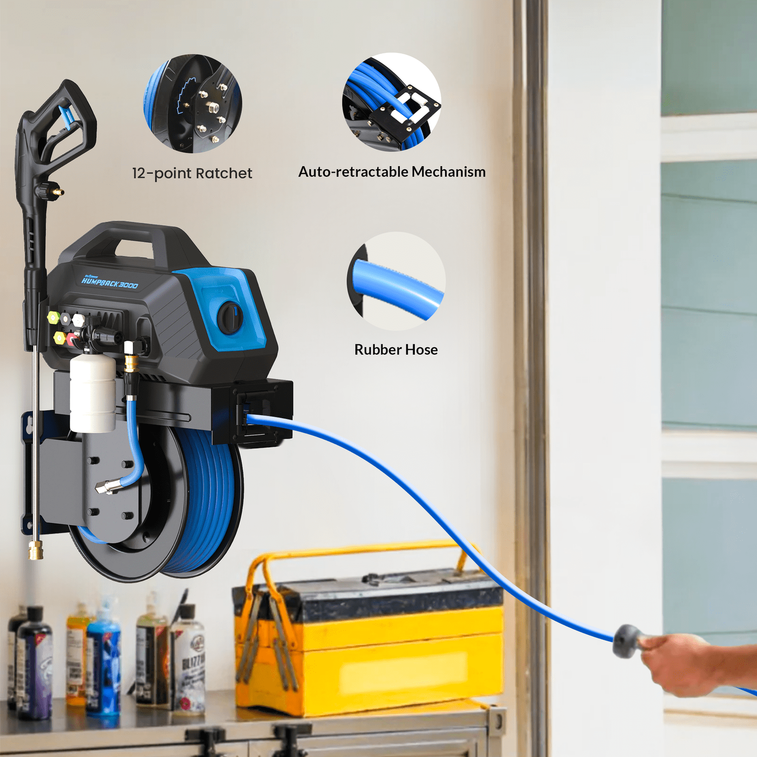 BluShield HumpBack 3000PSI All-in-One Pressure Washer System, Auto-Retractable Hose Reel, Industrial Pump, Accessories