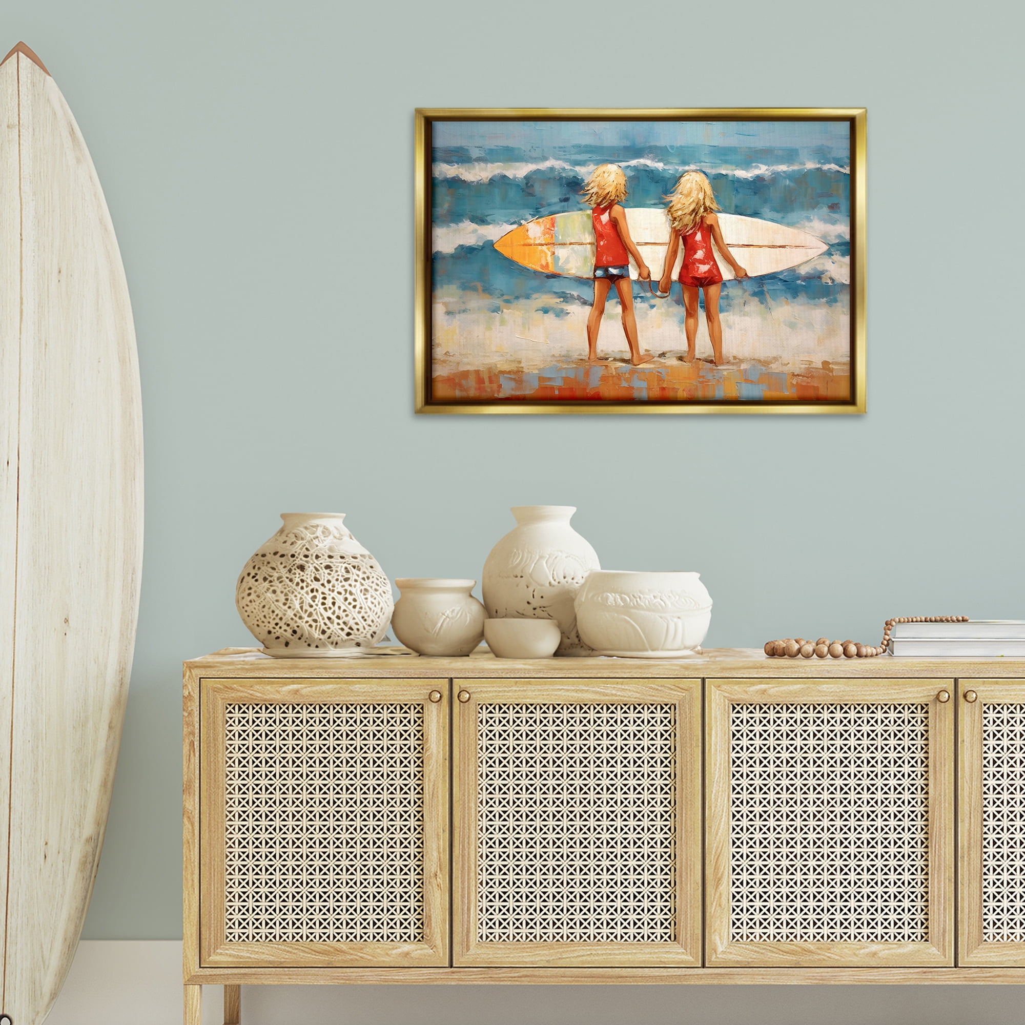 Stupell Industries Siblings with Surfboard People Painting Gold Floater Framed Canvas Art Print Wall Art, 31 x 21