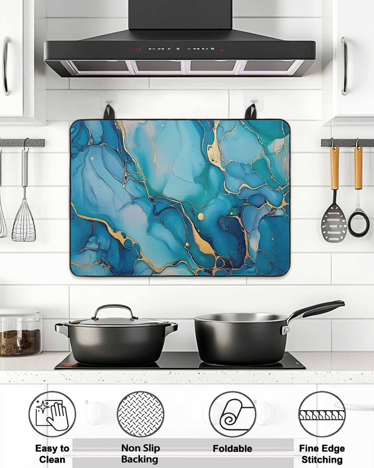 Stove Top Covers for Electric Stove, Modern Turquoise Glass Stovetop Cover Protector, Abstract Teal Gold Marble Textured Induction Cooktop Protector Oven Mat for Kitchen Countertop 24"x21"