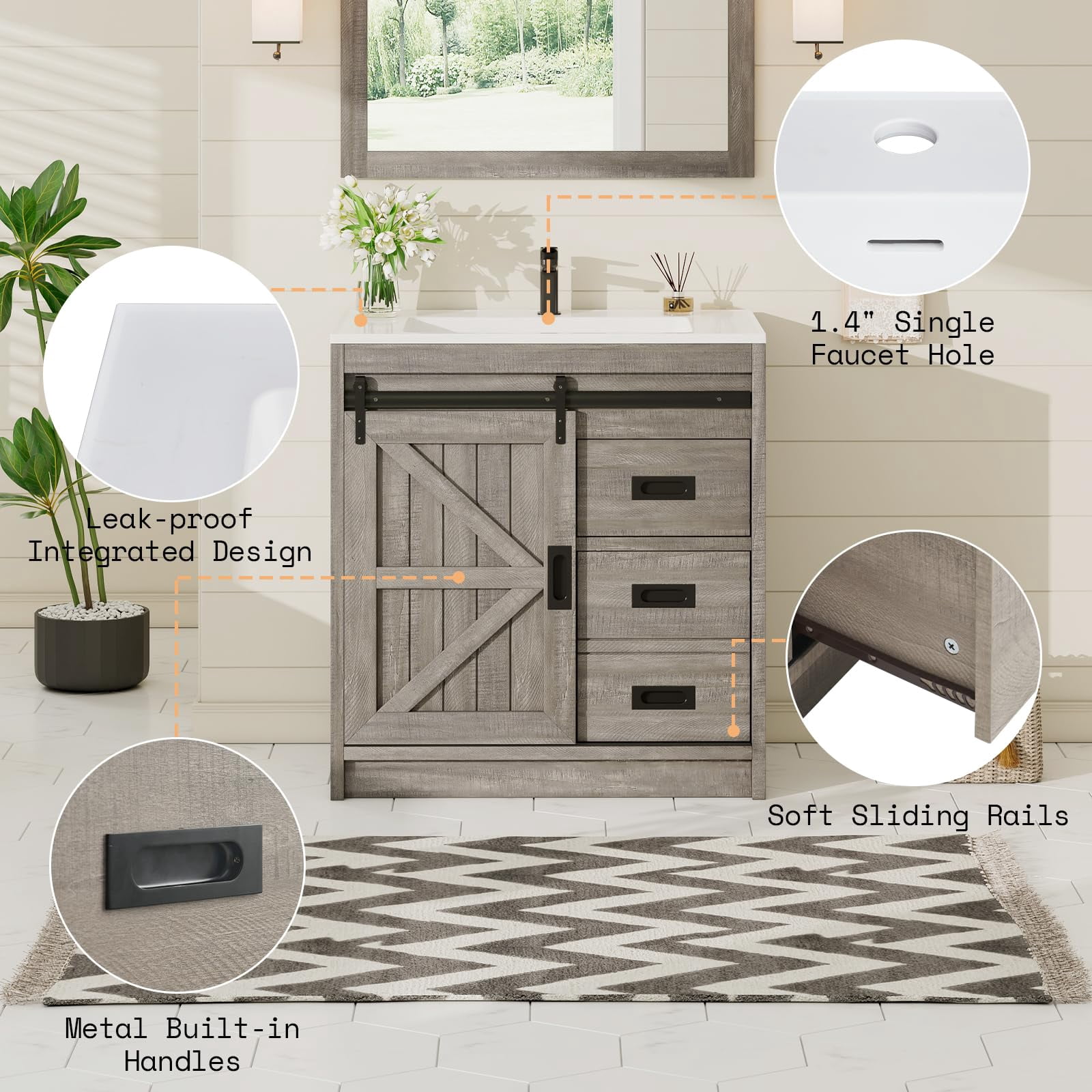 VANACC 31" Farmhouse Sliding Barn Door Bathroom Vanity with Sink Combo, Bathroom Vanity Cabinet with Drawers & Metal Handles, Freestanding, Gray