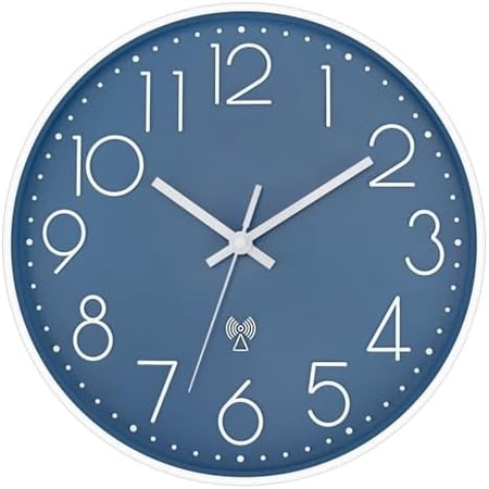 Atomic Wall Clock Battery Operated Round Analog Modern Wall Clock Sets Automatically for Office Classroom Bedroom Kitchen Living Room (Cerulean)