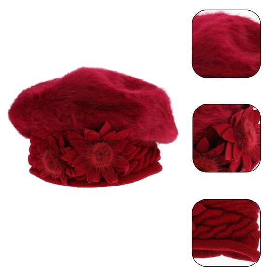 Masteelf Elegant Knitted Hat for Women with Side Flower Design Made of Hair Red